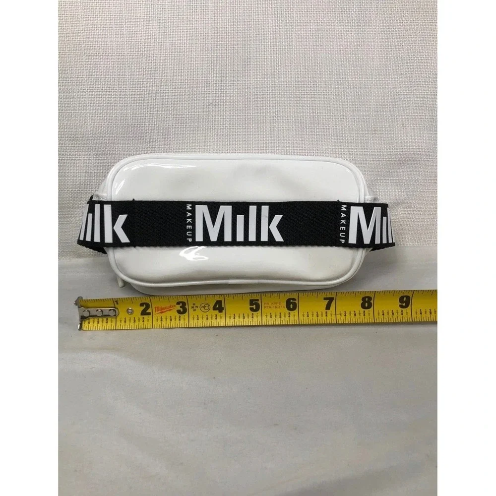 Milk Makeup White Patent Vinyl Cosmetic Bag Neon Orange Lining Logo Strap Pouch